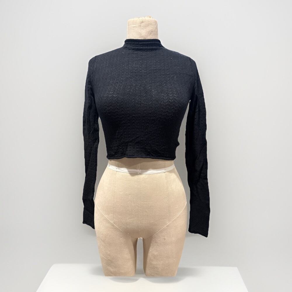Wild Fable Black Pointelle Eyelet Mock Neck Crop Sweater XXS NEW Cute